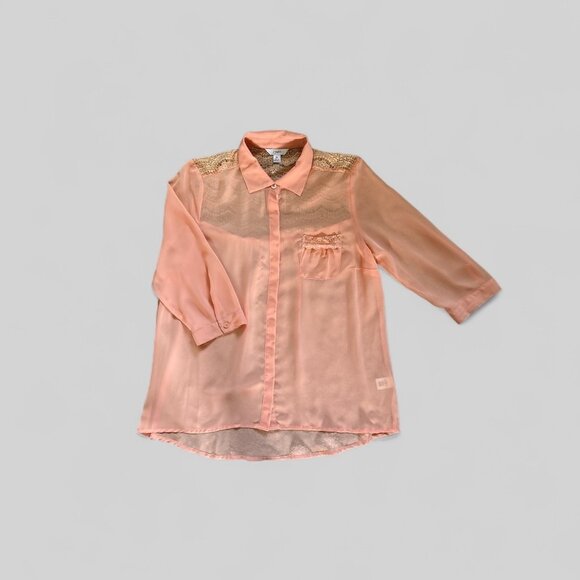 Candie's Shirt Womens Medium Peach Sheer Lace Button Up 3/4 Sleeve Blouse Top - Picture 1 of 8
